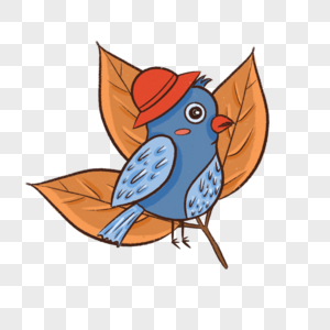 卡通秋叶上的蓝色小鸟图片