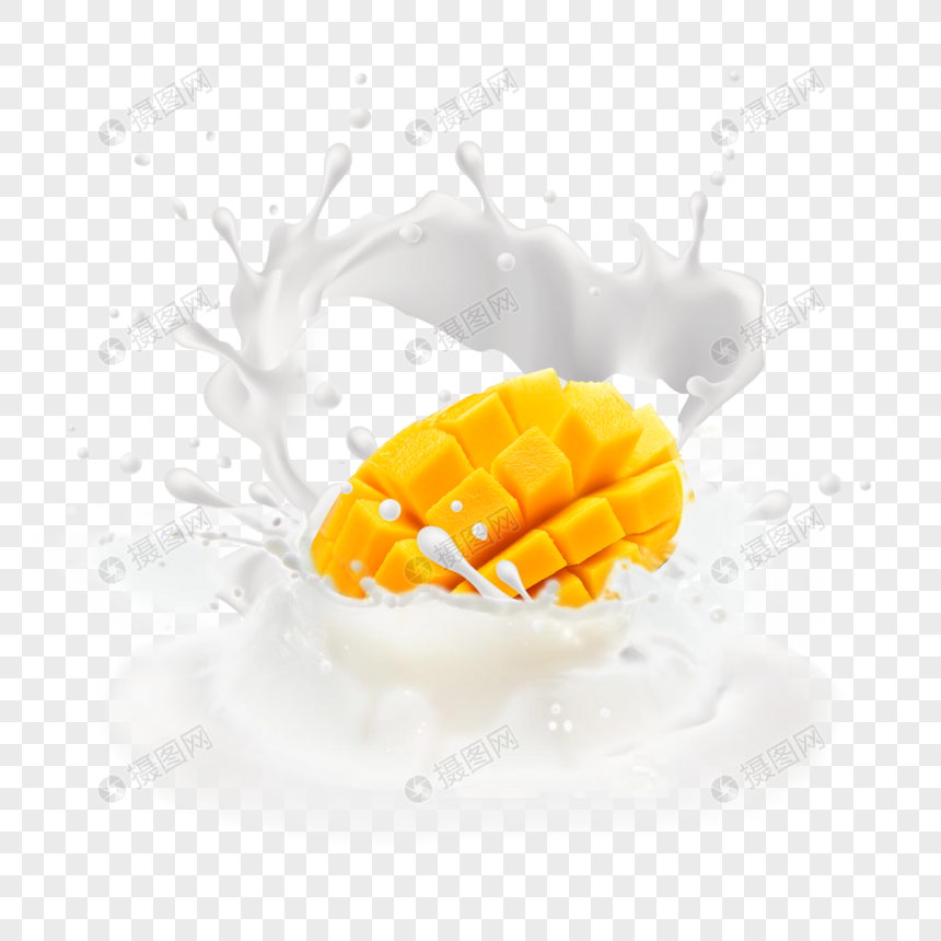 牛奶中切开的芒果图片