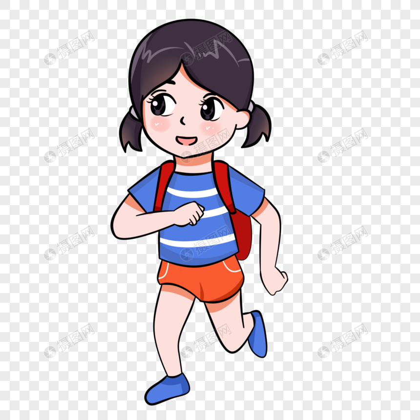 背着书包跑步上学的小女孩