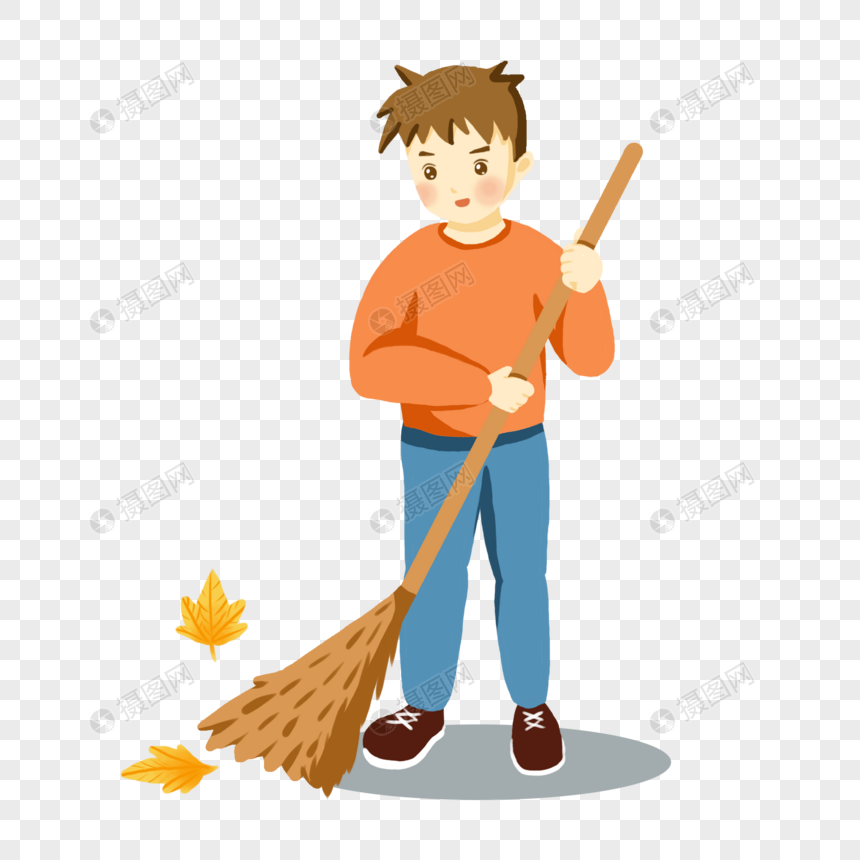 卡通黄色毛衣男孩扫地