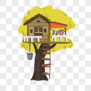 卡通黄色树木上的树屋图片
