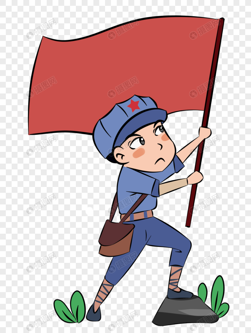 建军节举旗的卡通人物手绘