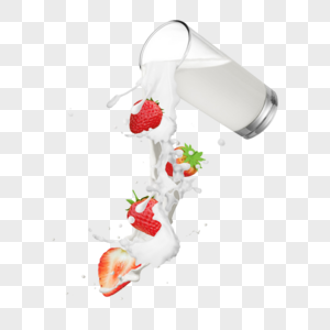 牛奶杯中倒出的草莓图片