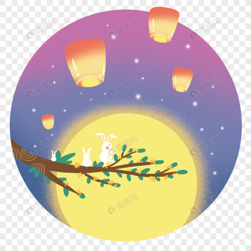 中秋节兔子在桂花树上赏月看孔明灯