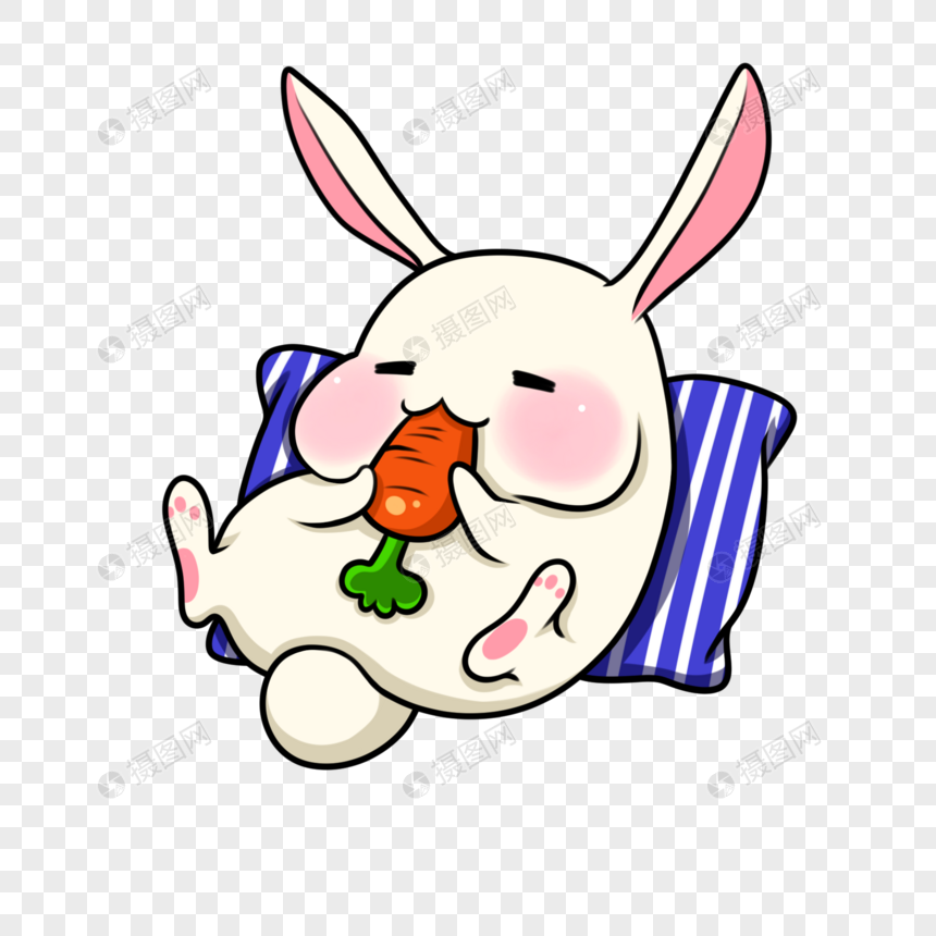 翻肚皮在枕头上抱胡萝卜啃的兔子