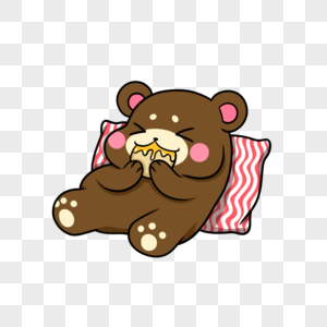 夏天慵懒躺枕头上的吃蜂蜜松饼的小棕熊图片