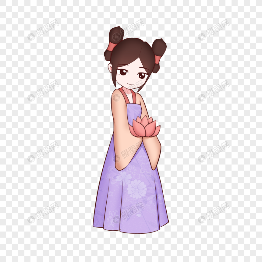 q版古风少女手拿莲花插画图片