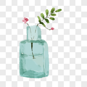 手绘水彩花瓶红花绿叶玻璃瓶装饰图片