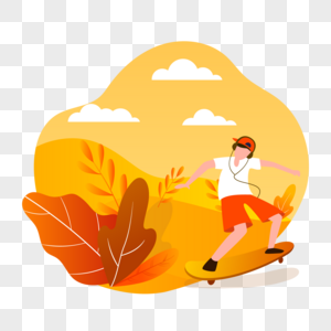 秋天男孩玩滑板高清图片