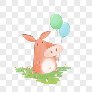 卡通手绘小猪拿着气球坐在草地高清图片