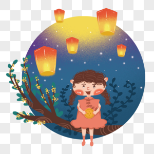 中秋节坐在桂花树上拿着月饼的女孩图片