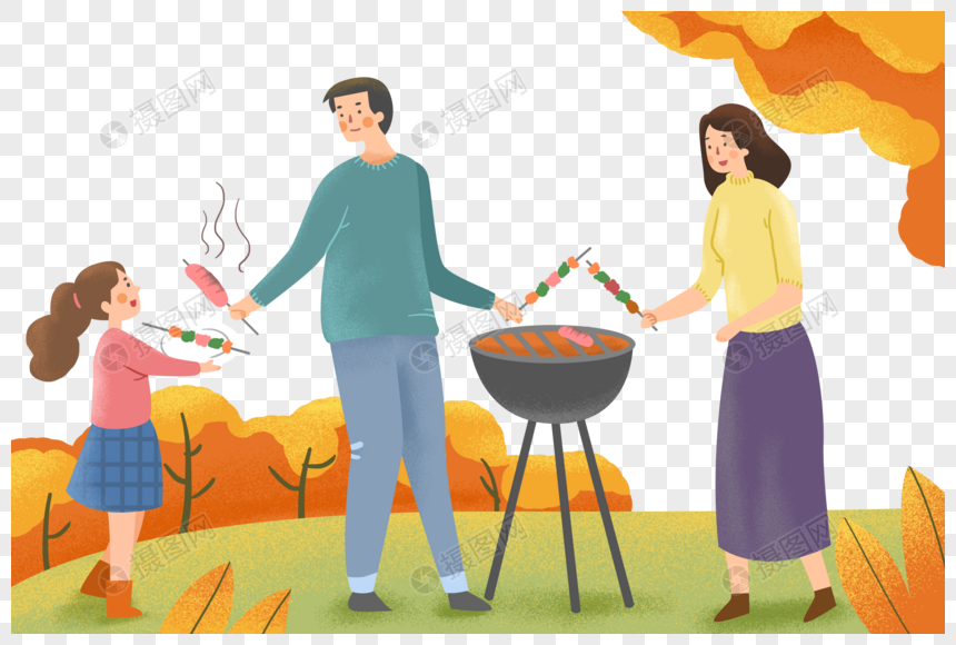 手绘秋季户外烧烤的一家人