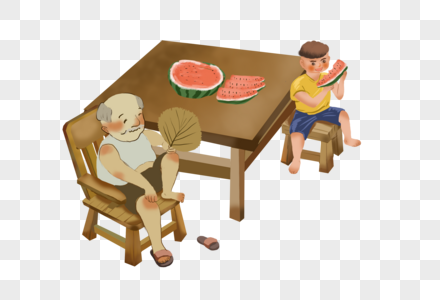 坐着吃瓜的爷孙高清图片