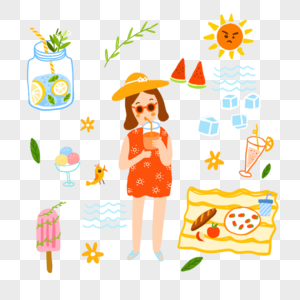 夏天小清新插画女孩喝饮料冷饮野餐雪糕太阳可爱风插画图片