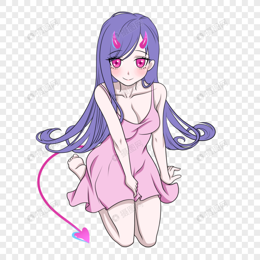 跪坐的小恶魔长发女孩