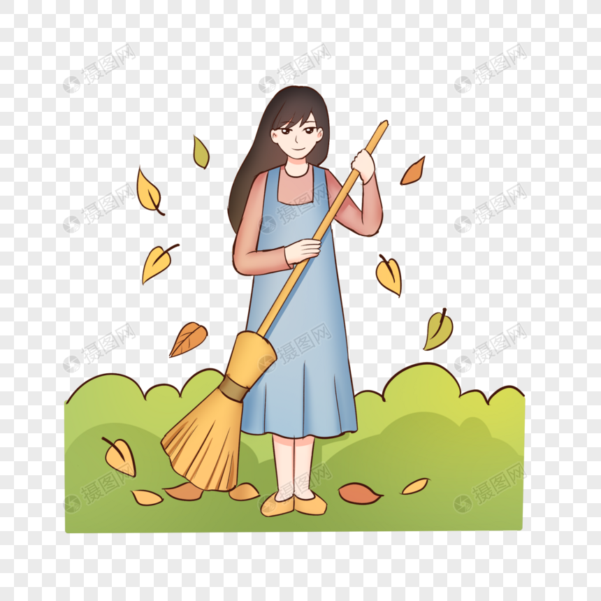 卡通手绘秋季女孩扫落叶图片