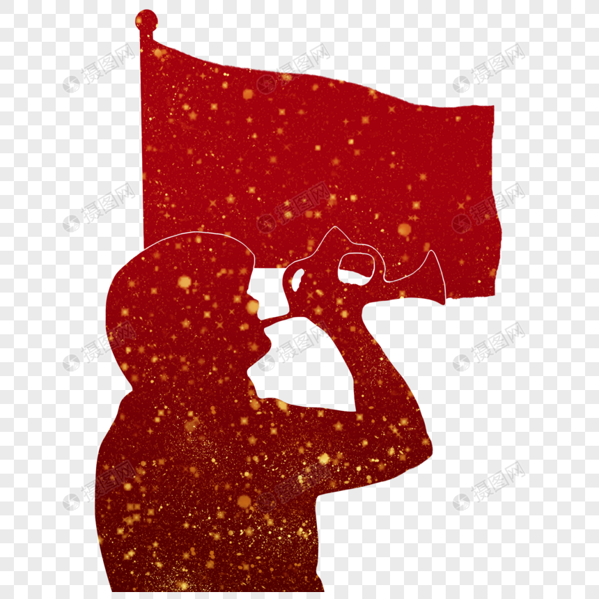 国旗军人吹军号剪影