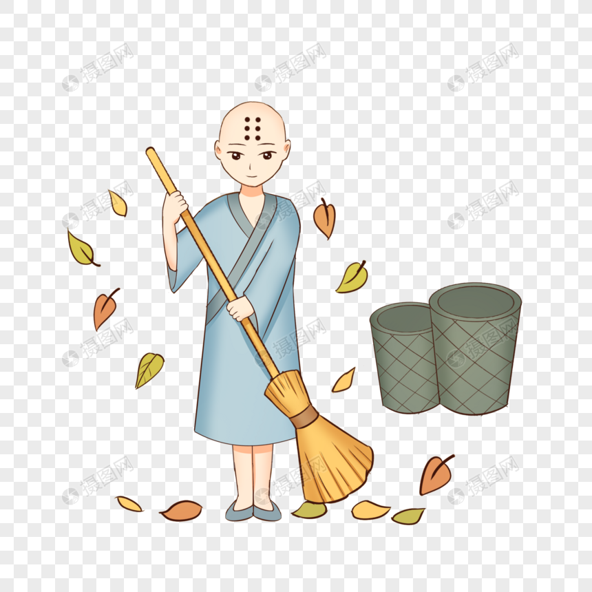 卡通秋季佛系小和尚扫地僧扫秋叶