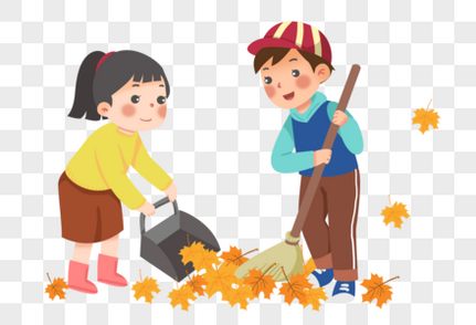 手绘秋季打扫落叶的男孩女孩立秋高清图片素材