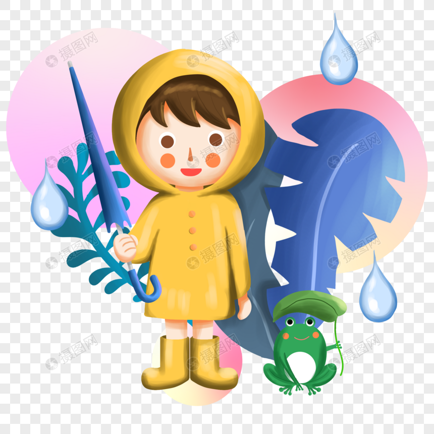 雨中穿黄色雨衣的小男孩卡通素材下载图片