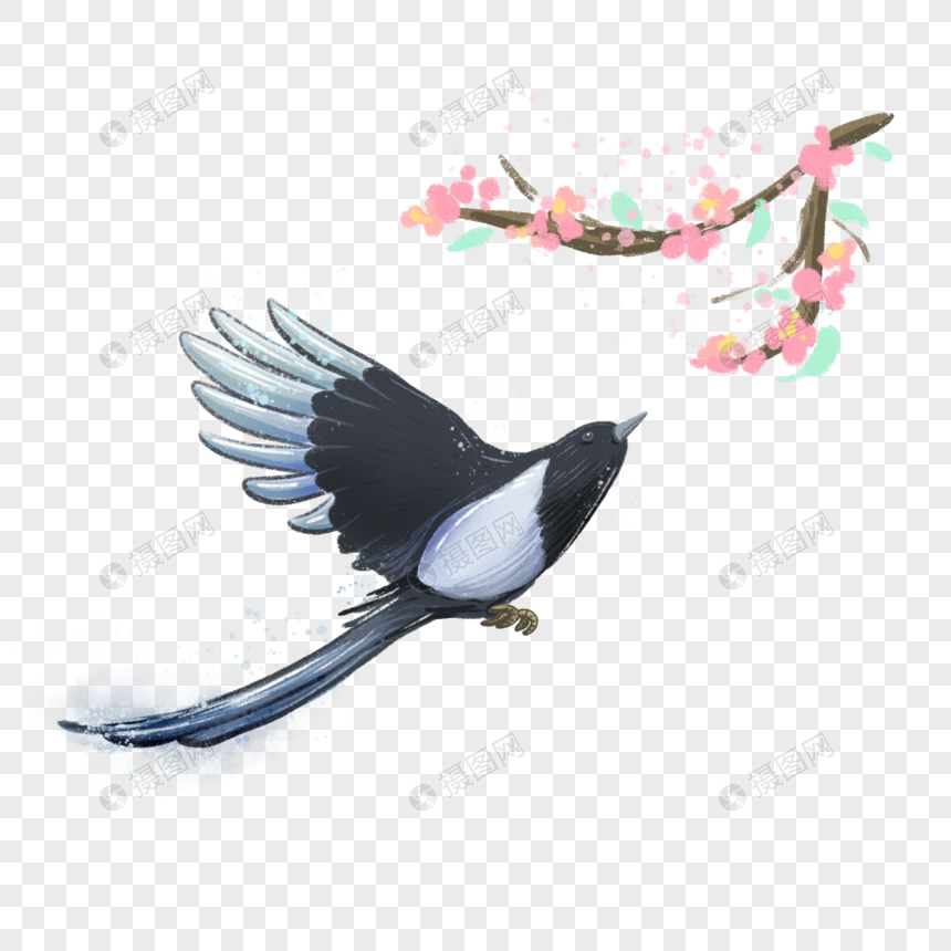 免抠元素 手绘/卡通元素 飞向花朵的喜鹊.psd