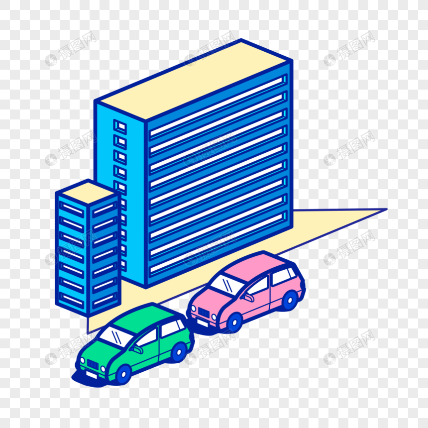 建筑物汽车2.5D商业插画轴测图免抠素材图片