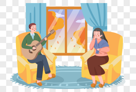 手绘秋季在屋里沙发弹吉他的人们高清图片