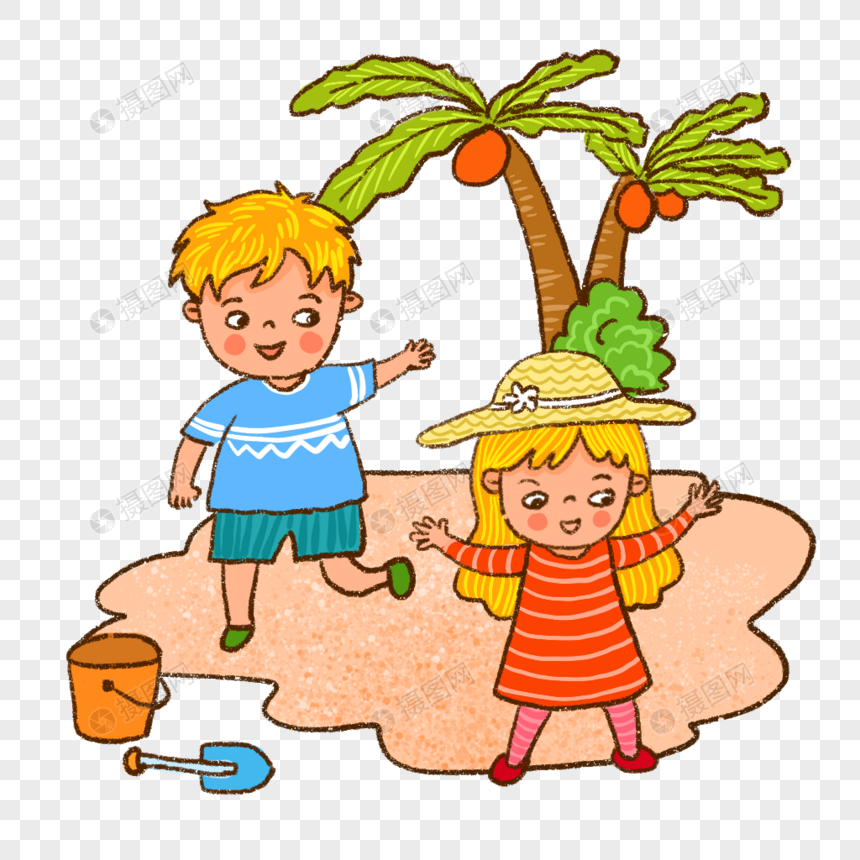 沙滩海边小朋友玩耍玩沙子夏日椰树插画可爱手绘