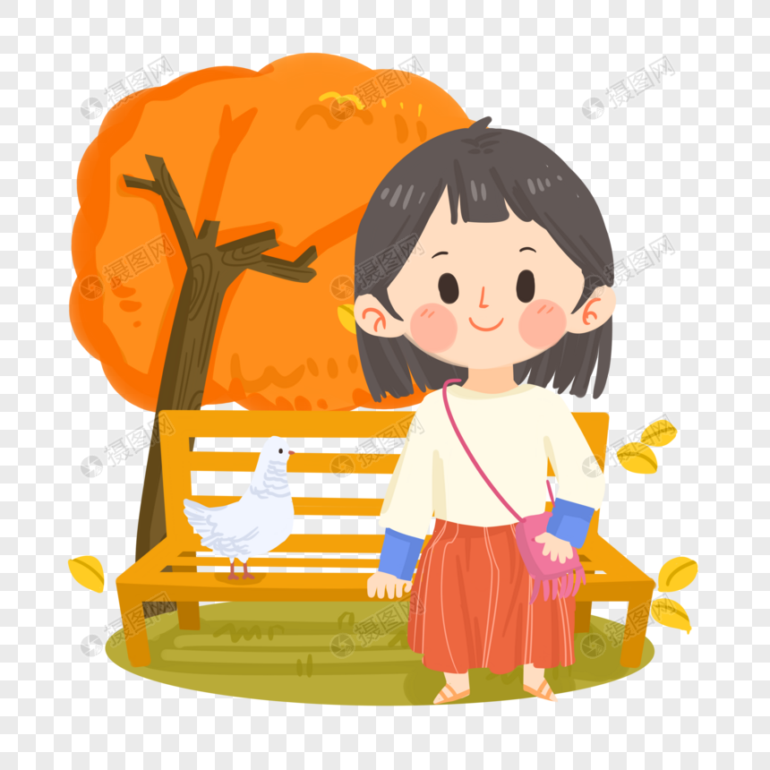 秋天卡通女孩坐公园长凳看景色图片