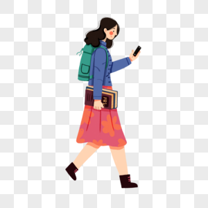 扁平肌理背着背包看手机的长发女生高清图片