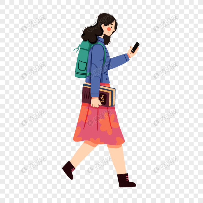 扁平肌理背着背包看手机的长发女生图片
