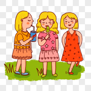 吃雪条喝饮料夏天炎热裙子人物卡通女孩草地聚会插画可爱图片