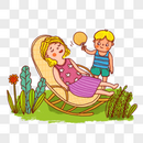 坐在竹摇椅的老人扇扇子的男孩人物卡通奶奶夏天睡觉清凉休息植物手绘插画可爱图片