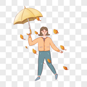 女孩撑伞掀起落叶图片