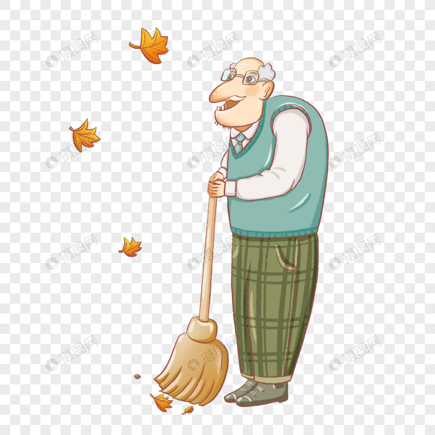 扫地的老人抬头看落叶图片
