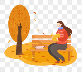 秋天坐在长椅上看书的女孩图片