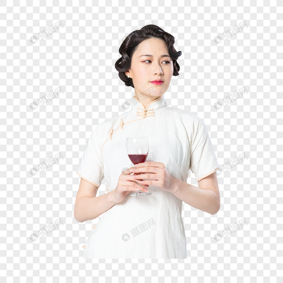 旗袍女性品酒图片