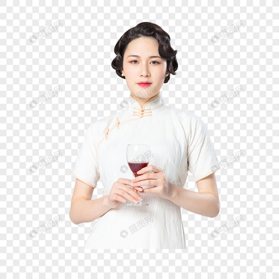 旗袍女性品酒图片