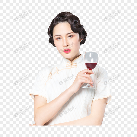 旗袍女性品酒图片