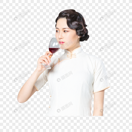 旗袍女性品酒图片