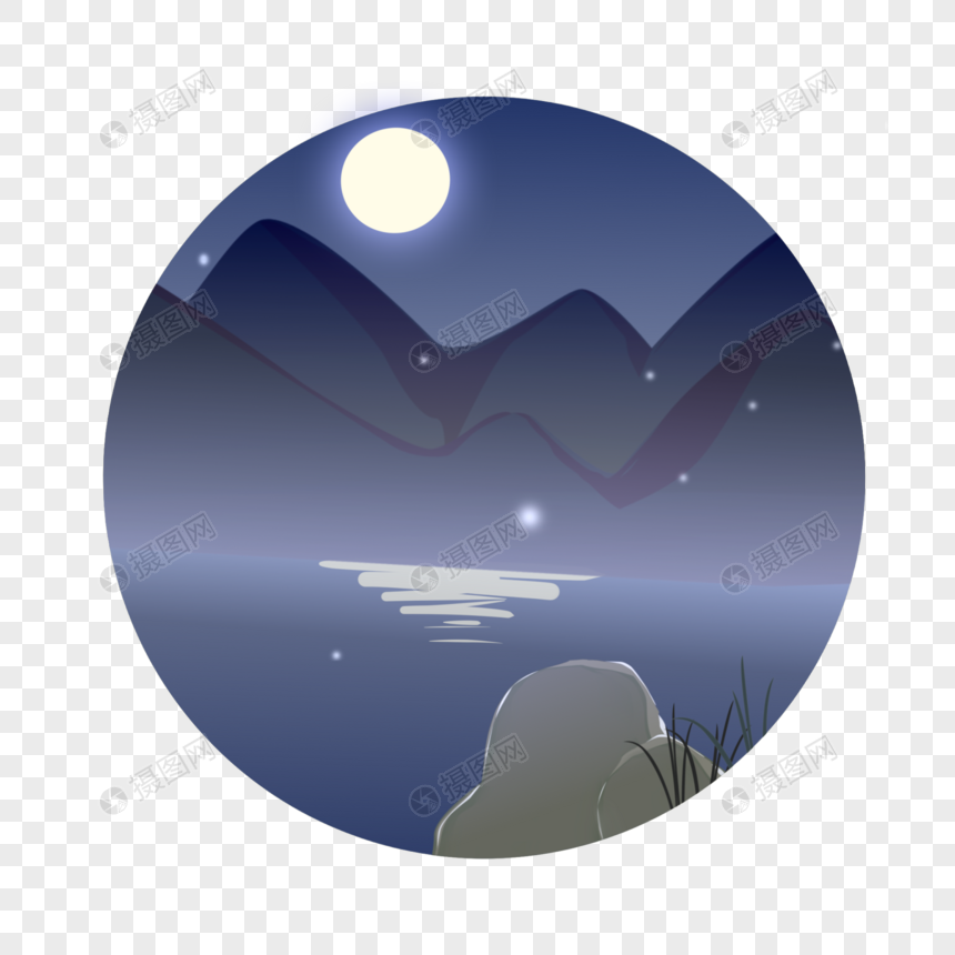 蓝色星辰月夜圆形风景小插画元素图片