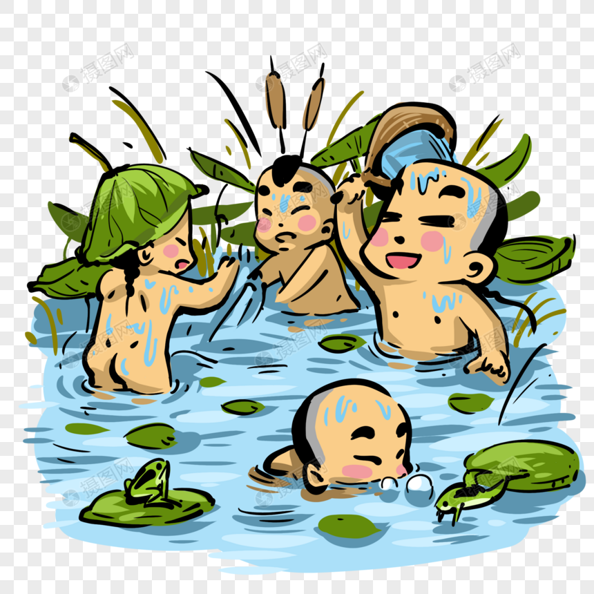 池塘中洗澡的孩子图片