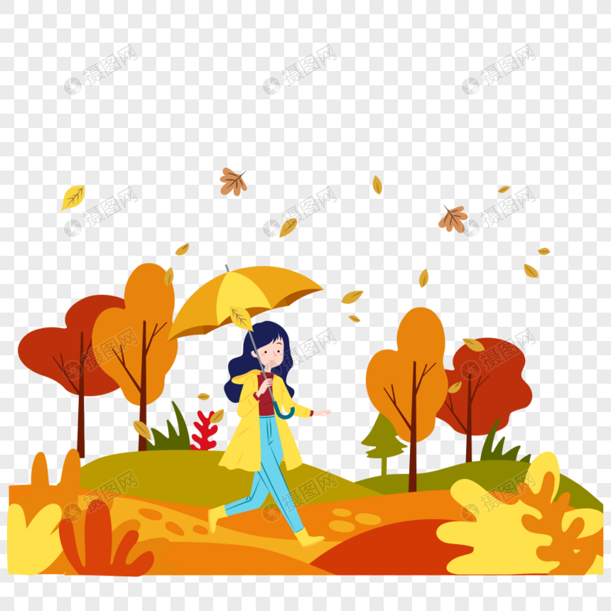 打伞的女士在秋天的森林公园散步图片