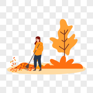 女士在秋天的森林公园里打扫落叶图片