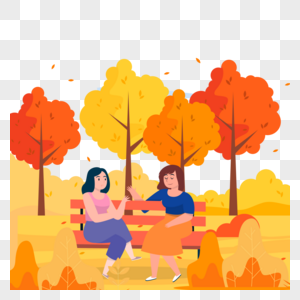 两个女士在秋天的森林公园座椅上聊天图片