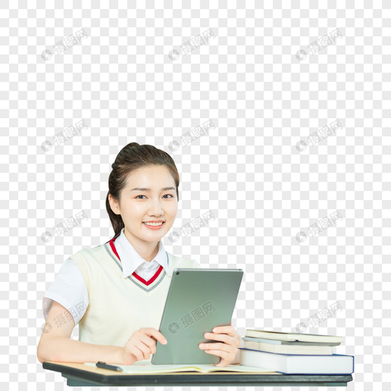 美女高中生使用平板电脑图片