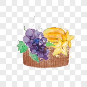 水彩手绘放在篮子里的葡萄和杨桃图片
