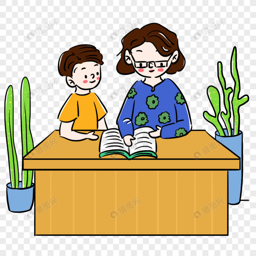 清新卡通老师辅导学生作业场景