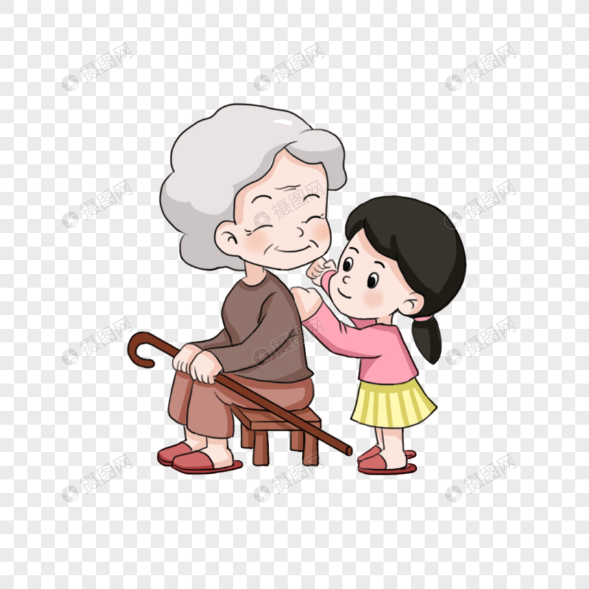 敬老节给奶奶捶背的孩子卡通元素