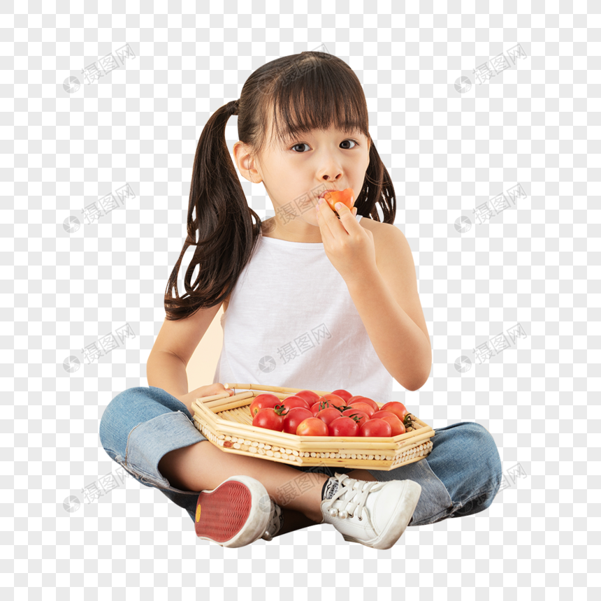 小女孩吃番茄